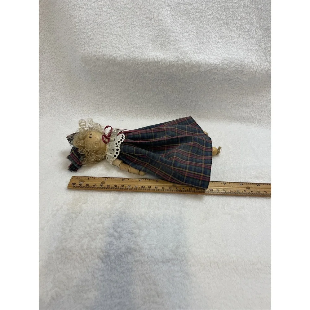 Vintage Wooden Peg Doll Folk Art‎ Plaid Dress Decorative Handmade Figure